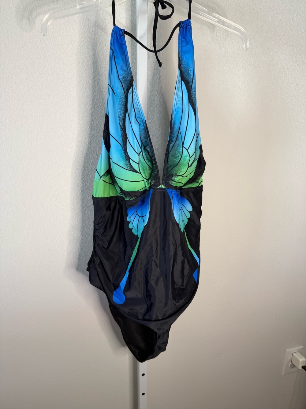 NWOT-Blue Green Wing-Print Plunge One-Piece Swimsuit